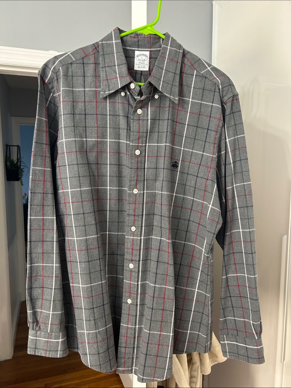 Brooks Brothers Gray Plaid Button-Down Shirt with White and Red Windowpane